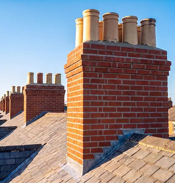 Repaired chimney stack with new flaunching, repointing and terracotta pots